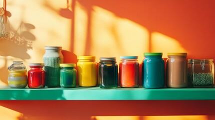 Against a bold orange backdrop, a green shelf supports a kaleidoscopic collection of jars in a beautifully crafted artistic display