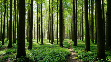 Obraz premium Bright green forest with tall trees and narrow walking path. Useful for nature, hiking, or outdoor themes.