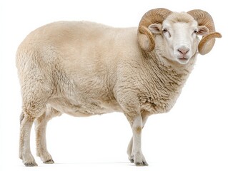 Majestic ram with large horns, standing against a white background.