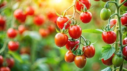 Obraz premium Fresh little red cherry tomatoes growing on a vine in a lush green garden
