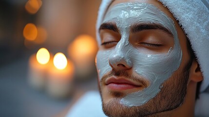 Fototapeta premium Man with clay face mask relaxing in spa with candles