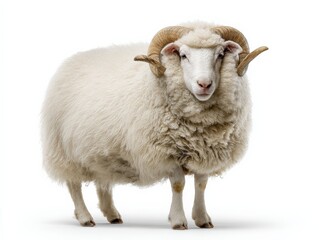 Majestic ram with thick, fluffy fleece and large horns, standing against a white background.