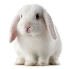 Adorable white lop-eared bunny sitting on a white background.