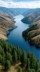 Lake showcases clear blue water surrounded by mountains and forests, with a tree-covered island shimmering in golden hour light