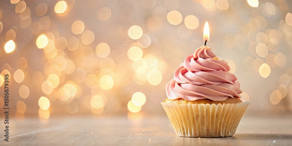 Poster a single cupcake with pink frosting and a lit candle, set against a backdrop of warm bokeh lights, s