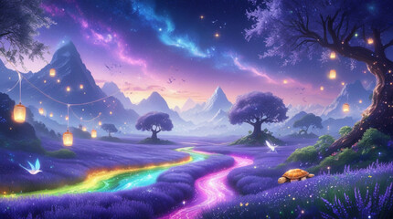 Fototapeta premium Celestial Dreamscape with Glowing Rivers, Lavender Fields & Spirit Creatures