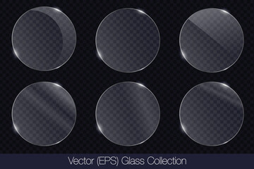 Realistic 3D glass transparent circle frame with glare, flat glass or plastic plate, flat transparent glass lens, realistic screen glass, window mockup, vector (EPS) illustration
