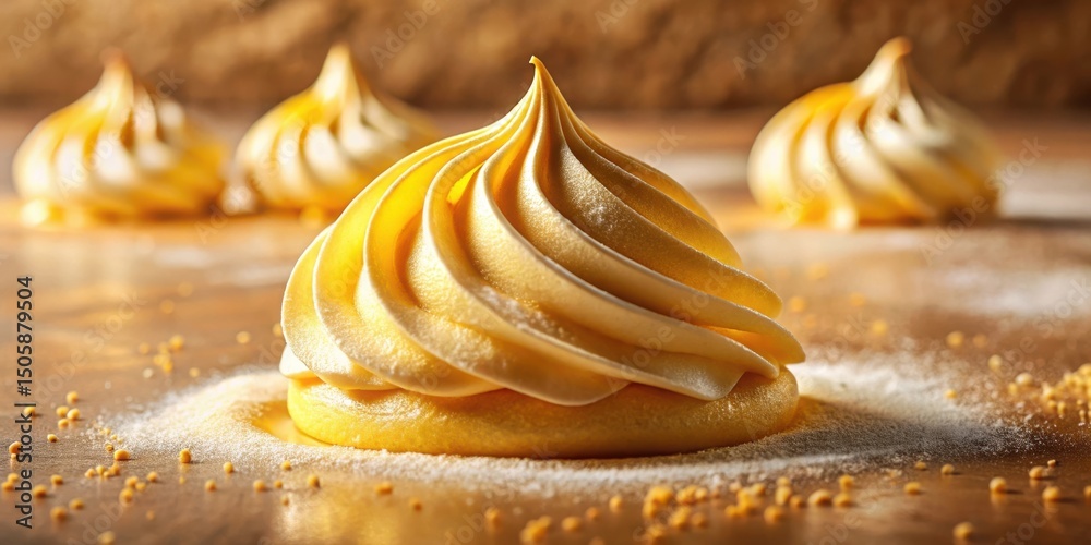 Poster a close-up of a whipped cream topping on a yellow cake with powdered sugar and confetti