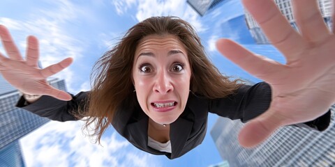 dynamic angle photo of terrified woman in executive business suit falling from sky, downtown skyscrapers