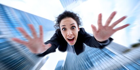 dynamic angle photo of terrified woman in executive business suit falling from sky, downtown skyscrapers