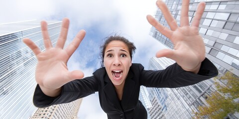 dynamic angle photo of terrified woman in executive business suit falling from sky, downtown skyscrapers