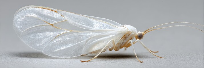 Delicate white insect with translucent wings rests on a neutral background.