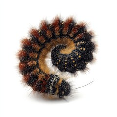 Close-up of a hairy caterpillar curled into a spiral, showcasing its intricate textures and vibrant colors.