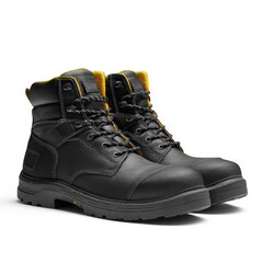 Durable black leather work boots with yellow accents.  Perfect for any job.