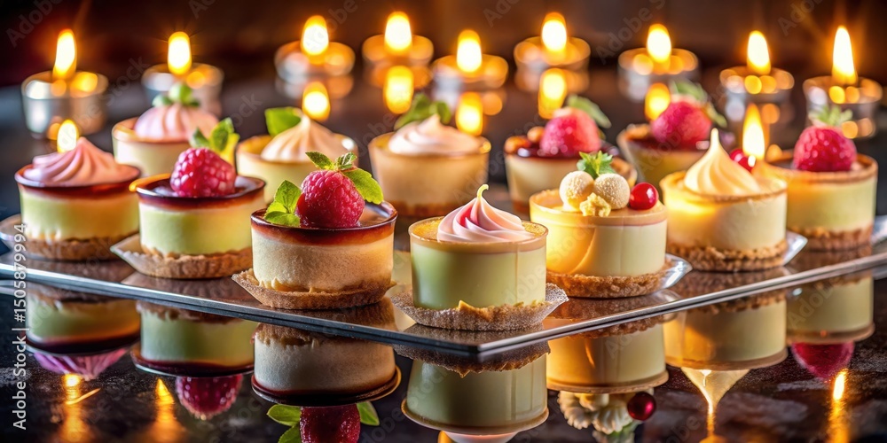 Poster a tray of petite desserts adorned with raspberries and mint, reflected in a glossy surface, illumina