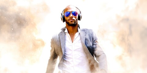 stylish man with headphones and sunglasses walking down street, war zone background