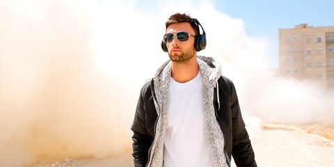 stylish man with headphones and sunglasses walking down street, war zone background
