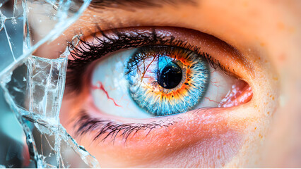 Extreme close-up of a human eye with a reflection in the iris and broken glass