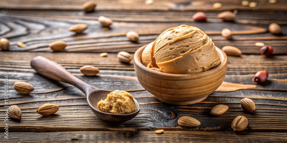 Aufkleber a bowl of creamy nut ice cream with a scoop of the frozen treat on a wooden spoon surrounded by scat