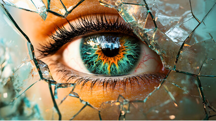 Close-up of a human eye with a fractured glass effect, showcasing vibrant colors