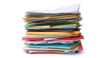 A stack of colorful envelopes isolated on a white background with a clipping path, studio shot.