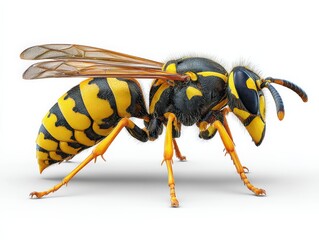 Close-up of a wasp, showcasing its intricate details and vibrant colors against a stark white background.