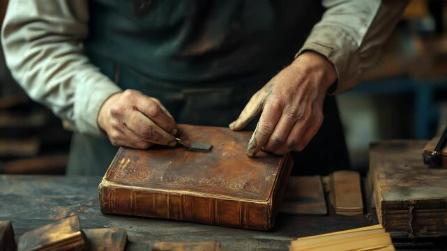 A skilled artisan meticulously repairing a vintage book, showcasing the beauty of craftsmanship with aged materials and attention to detail in a workspace filled with tools.