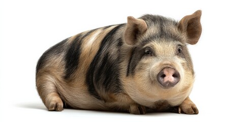 Adorable piglet with unique markings, lying down against a white background.