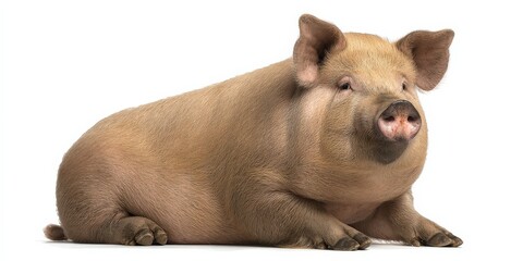 Large domestic pig lying down. Light beige, fluffy fur.  White background.