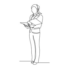 Continuous line drawing of female worker standing while write business note from mentor on paper notes. One single line sketch business woman workshop concept. vector illustration editable stroke