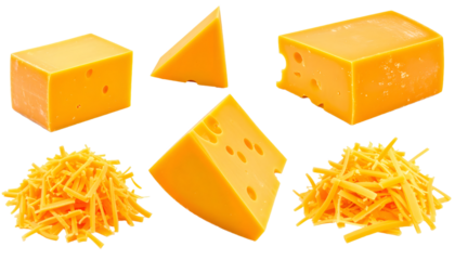 Set of cheddar cheese blocks, slices and grated, isolated on transparent background
