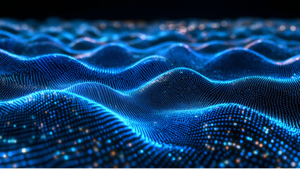 Abstract blue wave pattern with glowing dots and lines on a dark background