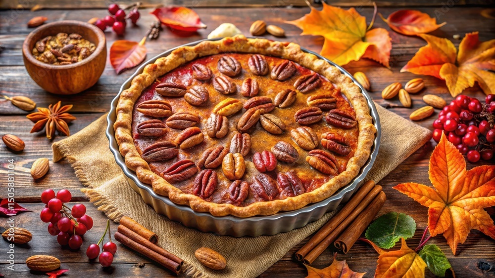 Poster a freshly baked pecan pie adorned with autumnal colors and aromatic spices on a rustic wooden table