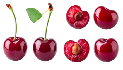 Set of ripe cherries, whole, halved and stemmed, isolated on transparent background