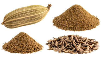 Cumin seeds, ground cumin and whole pod isolated on transparent background