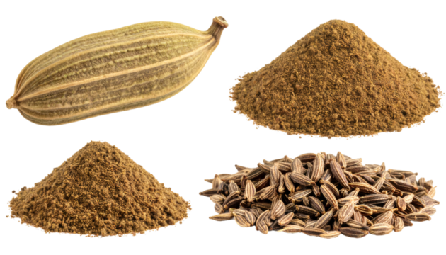 Cumin seeds, ground cumin and whole pod isolated on transparent background