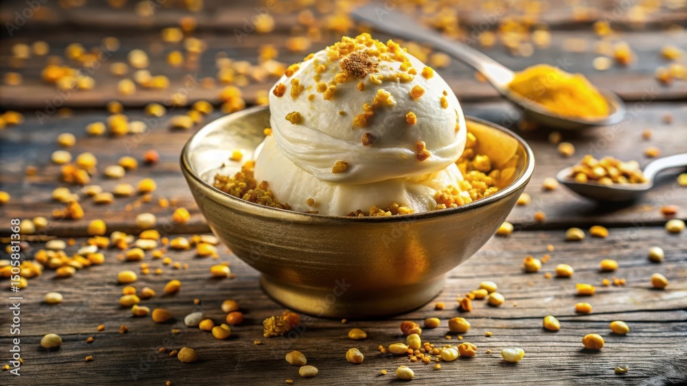 Poster golden bowl of creamy ice cream topped with crunchy granola and scattered with sprinkles on rustic w