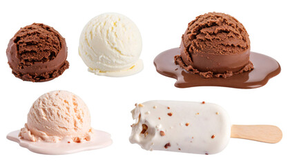 Set of ice cream scoops, stick and melted ice cream isolated on transparent background
