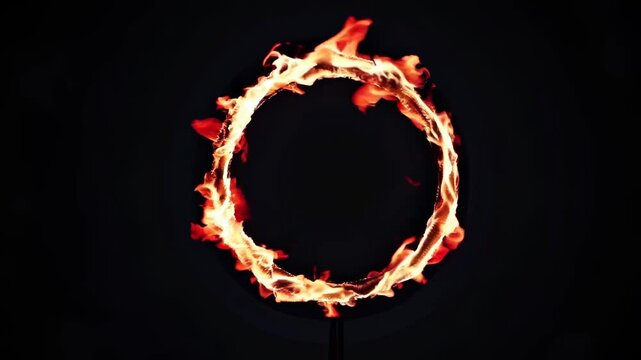 Looping video of fiery ring rotating on black background, intense burning flames forming circular motion, ideal for visual effects, fire-themed graphics, or dramatic cinematic overlays