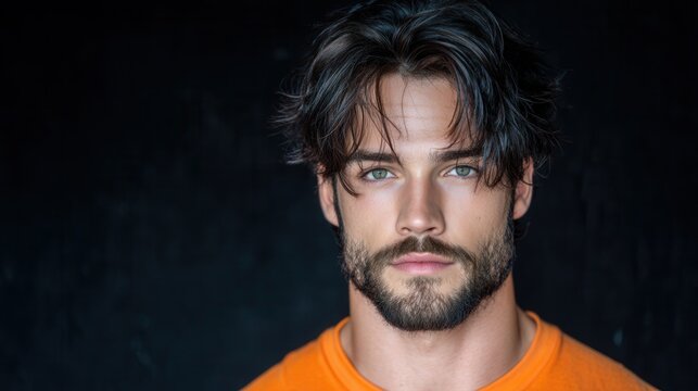 Close-up of a man with tousled dark hair, a serious expression, and a beard