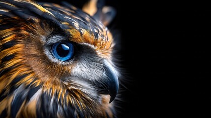 Close-up of an owl's head with striking blue eyes