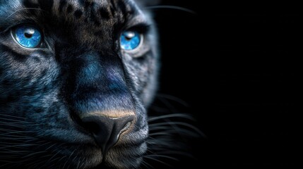 Close-up of a snow leopard's head with bright blue eyes against a black background