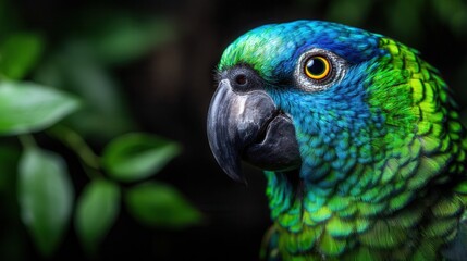 Close-up of a vibrant parrot's head. Lush green foliage softly surrounds the bird