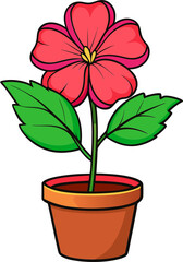 Hibiscus flower pot vector with red petals and leafy base