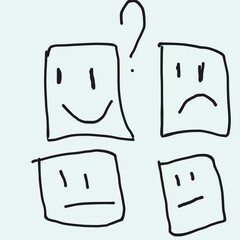 The image displays four simple, hand-drawn square faces with various expressions, sketched in black outline on a light background