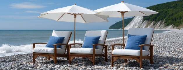Enjoying serene moments by the sea in Greece with beach chairs and umbrellas set for a perfect summer getaway