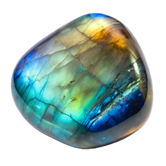Labradorite gemstone with vibrant labradorescence on transparent background