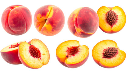 Set of fresh ripe peaches, whole, halved and pitted, isolated on transparent background