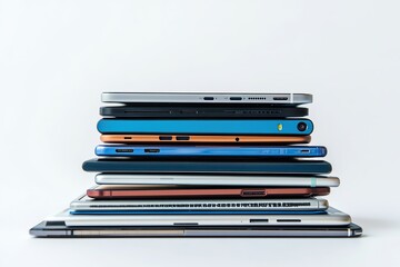 A stack of smartphones, laptops, and tablets. Close-up.