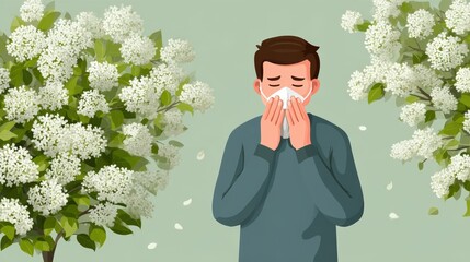 Realistic depiction of man avoiding allergens in springtime setting